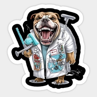 an English Bulldog wearing a dentist's coat and holding a dental drill Sticker